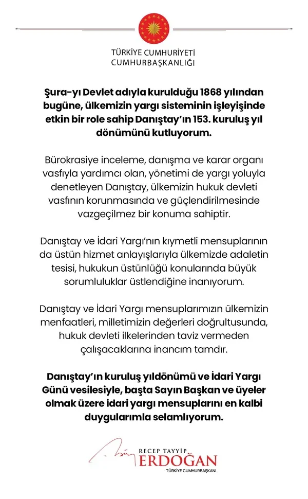 Son dakika: Başkan Erdoğan Danıştay'ın kuruluşunun 153. yıl dönümü için mesaj yayınladı-1