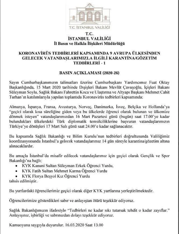 Son dakika: İstanbul Valiliği'ndan flaş koronavirüs kararı! Yurt dışından dönenler...-2