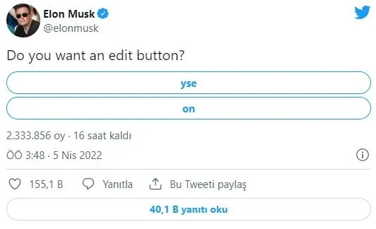 Twitter hissedarı olan Elon Musk'tan anket: Düzenleme butonu istiyor musunuz?-2