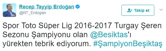 Beşiktaş'a ilk tebrik Cumhurbaşkanı Erdoğan'dan - 1