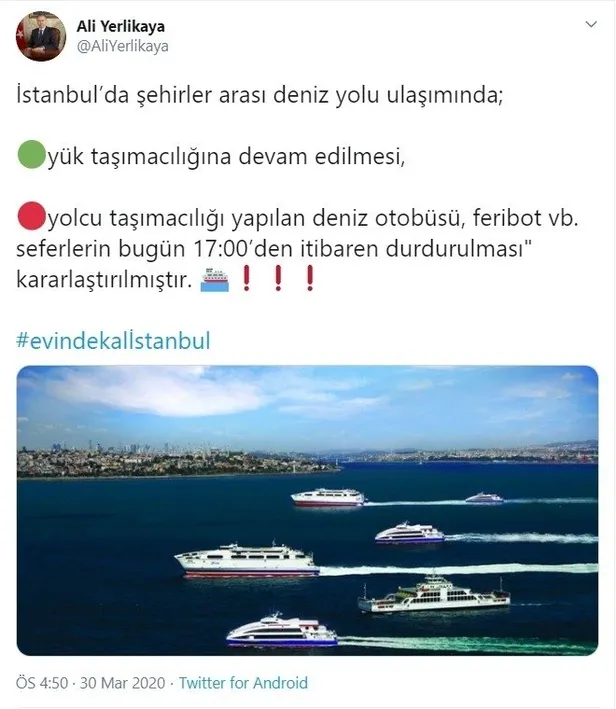 Son dakika: İstanbul Valisi Ali Yerlikaya duyurdu: Şehirlerarası deniz ulaşımına korona engeli!-1