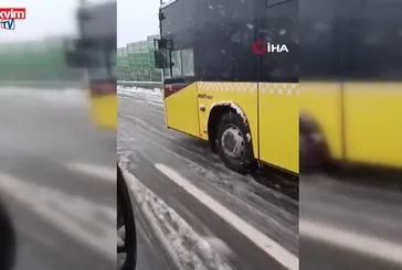 İETT otobüsü buzlu yolda kayarak ilerledi!
