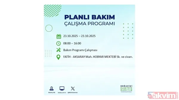 ↪23 Ekim 2025 İstanbul merkezli elektrik kesintisi yaşanacak ilçe, mahalle ve sokaklar↩