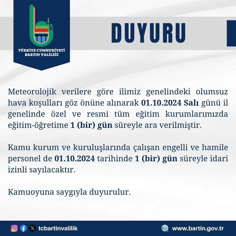 Bartın Valiliği açıklaması (Fotoğraf: Takvim.com.tr / Ekran görüntüsü)