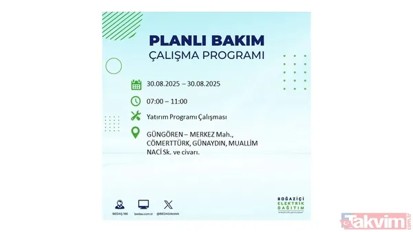 🔵30 Ağustos 2025 Cumartesi günü İstanbul'da elektrik kesintisi yaşanacak ilçeler