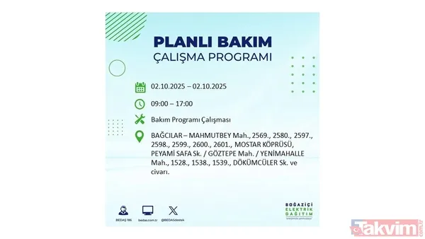 🔵2 Ekim 2025 Perşembe Günü İstanbul'da Elektrik Kesintisi Yaşanacak İlçeler