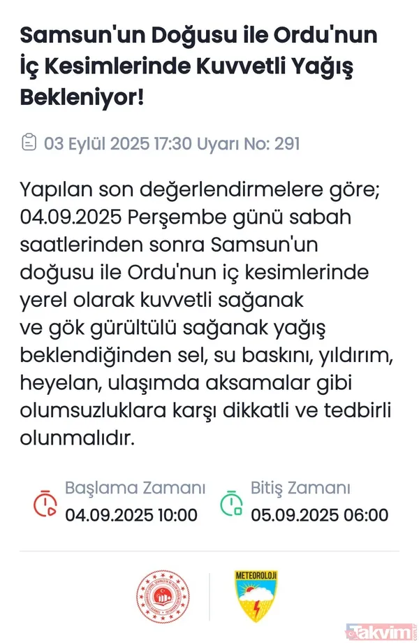 🔔Bugün Hangi İller İçin Sarı Alarm Verildi? Meteoroloji'den Samsun Ve Ordu İçin Sarı Kodlu Uyarı Geldi. Ani Sel, Su Baskını Ve Heyelan Riskine Dikkat...