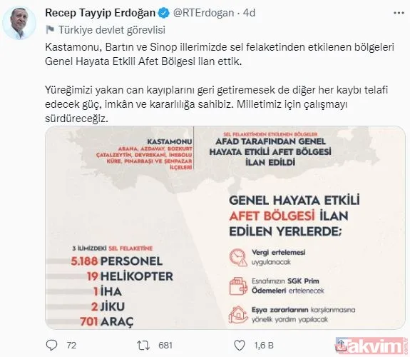 Başkan Erdoğan, selden etkilenen yerlerin 'Afet Bölgesi' ilan edildiğini açıkladı - 15