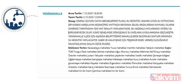 Kesintiler 6 Ekim'e Kadar Devam Edecek Aski, Ankara Genelinde 6 Ekim'e Kadar Dönüşümlü Su Kesintilerinin Uygulanacağını Açıkladı.