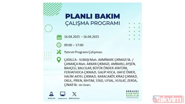 16 Nisan 2025 Bedaş İstanbul Elektrik Kesintisi