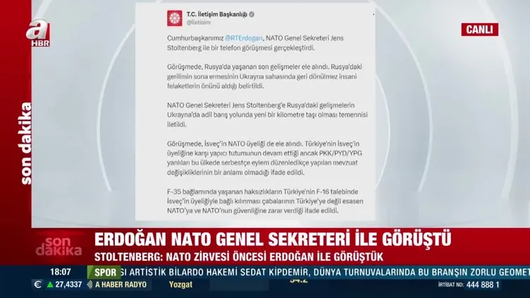 SON DAKİKA | Başkan Erdoğan Stoltenberg ile telefonda görüştü