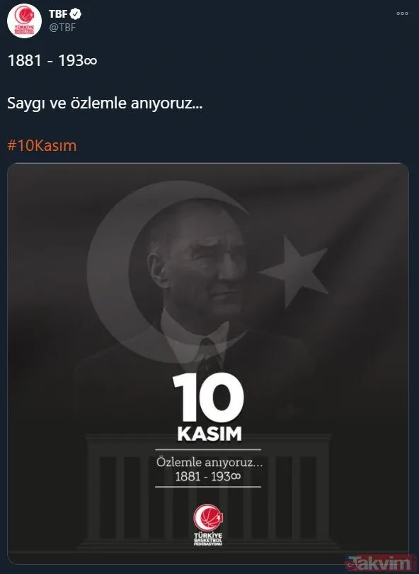 Spor camiası 10 Kasım'da tek ses oldu, Mustafa Kemal Atatürk'ü andı! İşte paylaşımlar