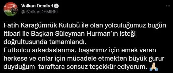 Süper Lig'de Fatih Karagümrük'ü çalıştıran Volkan Demirel takımdan ayrıldı: Taraftara sonsuz teşekkür ediyorum-1