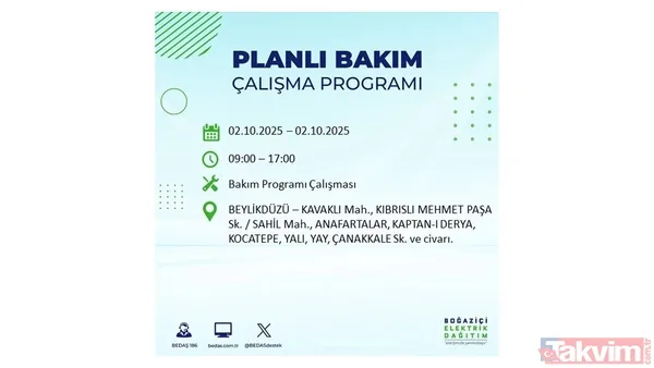🔵2 Ekim 2025 Perşembe Günü İstanbul'da Elektrik Kesintisi Yaşanacak İlçeler