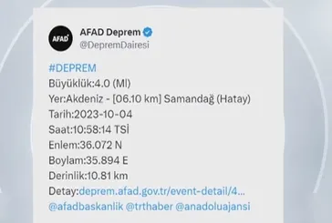Hatay'da 4 büyüklüğünde deprem!