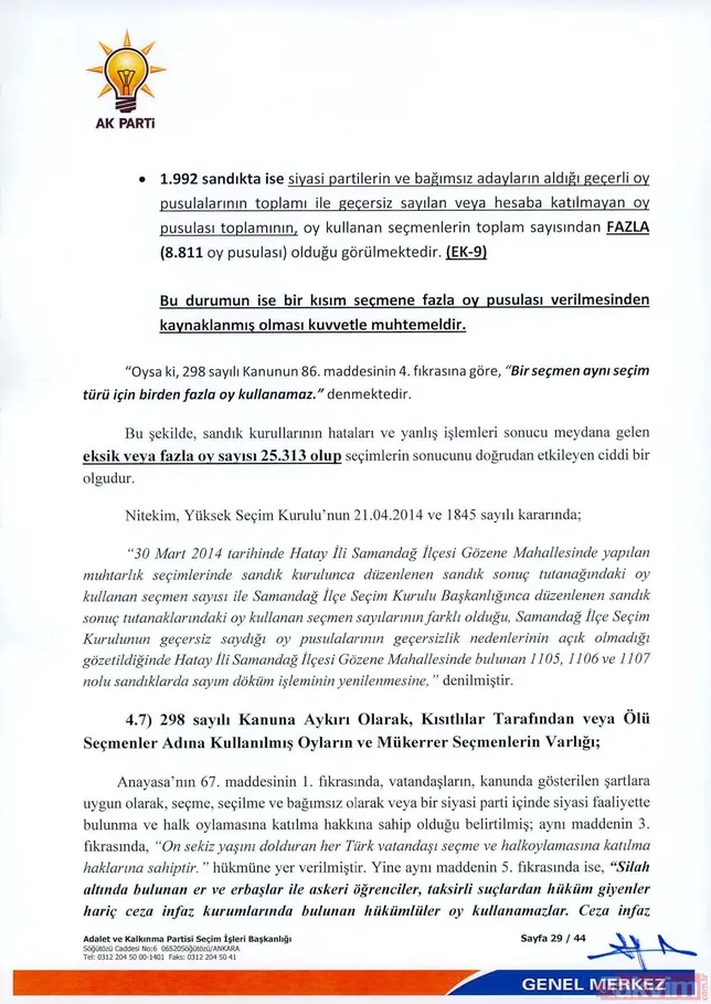 İÅte  AK Parti İstanbul seçimlenin iptali için YSK'ya verdiÄi 44 sayfalık olaÄanüstü itiraz dilekçesi
