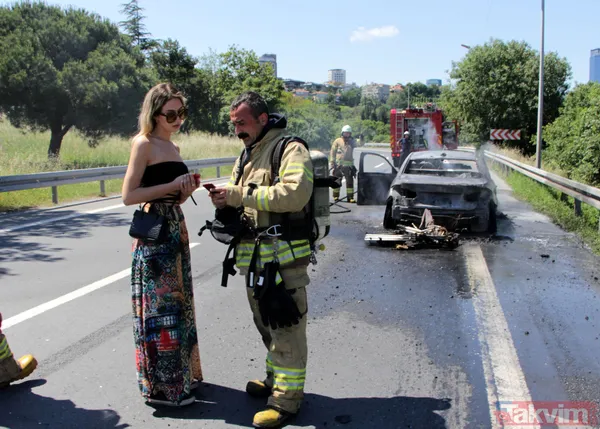 15 Temmuz Şehitler Köprüsü yolunda lüks araç alev alev yandı! Genç kadınlar geriye doğru koştu - 7