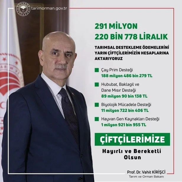 Tarım ve Orman Bakanı Vahit Kirişci duyurdu! 291,2 milyon liralık tarımsal destek ödemeleri yarın hesaplarda-3