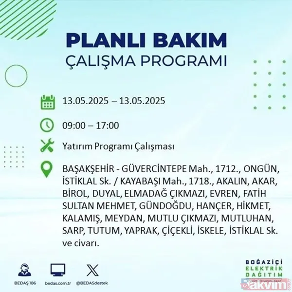 BEDAŞ duyurdu: 13 Mayıs Salı İstanbul'un 24 ilçesinde elektrikler kesilecek - 16