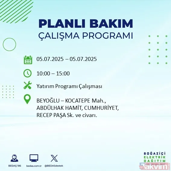↪5 Temmuz Cumartesi İstanbul Elektrik Kesintisi
