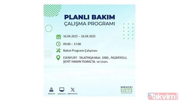 16 Nisan 2025 Bedaş İstanbul Elektrik Kesintisi