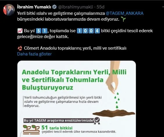 Tarım ve Orman Bakanı İbrahim Yumaklı bu yıl 51 çeşit bitkinin tescil edildiğini bildirdi! 117 ülkeye tohum ihraç ediliyor-2