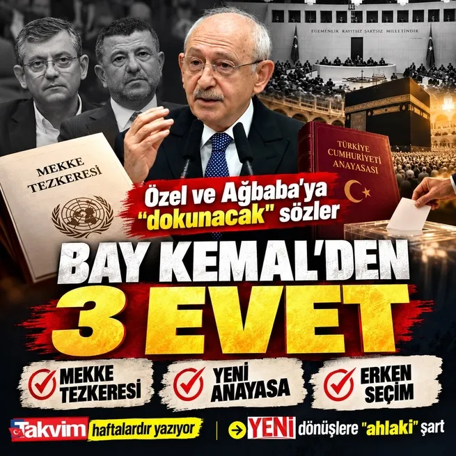 Kılıçdaroğlundan 3 evet: Mekke tezkeresi, yeni anayasa ve erken seçim... YENİ dönüşlere ahlaki şart: Yolsuzluğa bulaşana dokunulsun