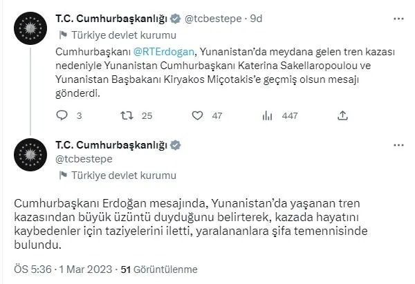 Son dakika: Tren faciası sonrası Başkan Erdoğan'dan Yunanistan'a taziye mesajı-2