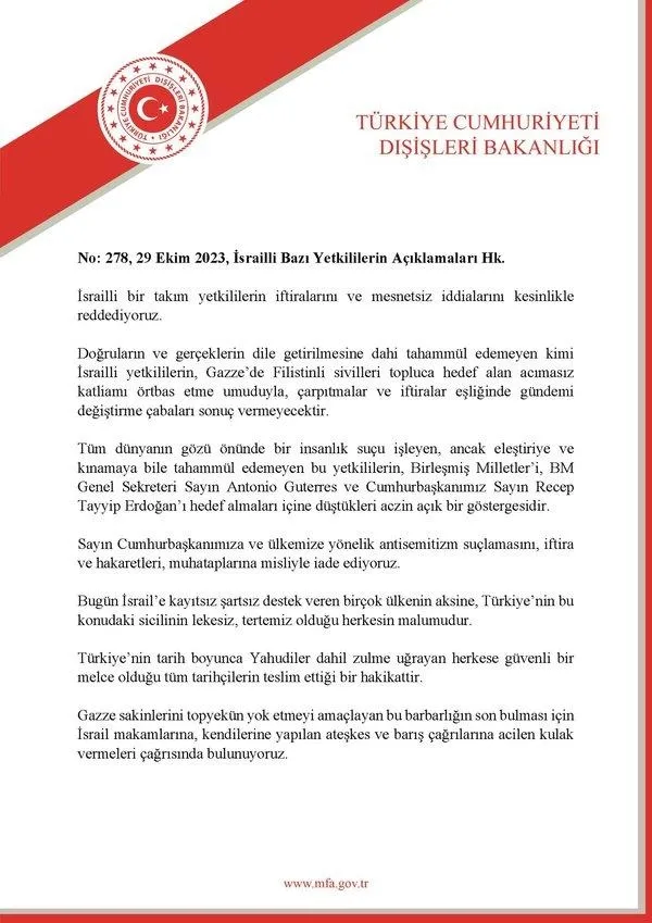 Dışişleri Bakanlığı'ndan İsrailli yetkililerin Türkiye ve Başkan Erdoğan'a yönelik iftiralarına sert tepki: Misliyle iade ediyoruz-2