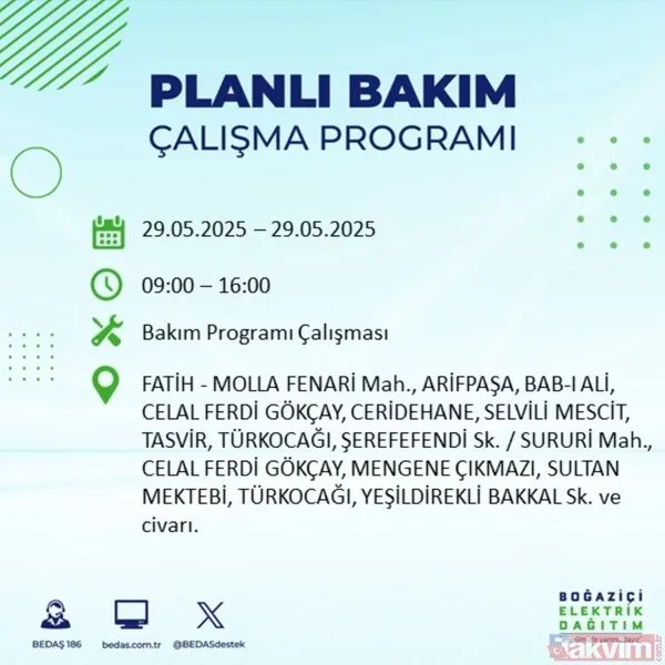 Bedaş 29 Mayıs İstanbul Elektrik Kesintisi