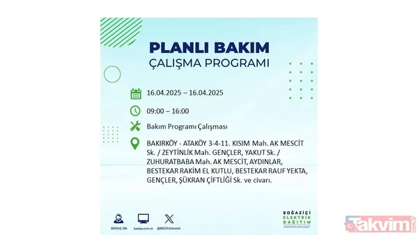 16 Nisan 2025 Bedaş İstanbul Elektrik Kesintisi