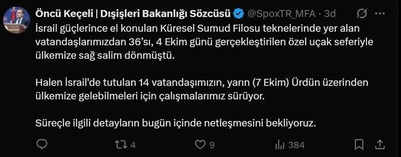 Dışişleri Bakanlığı Sözcüsü Öncü Keçeli'nin açıklaması (Ekran görüntüsü)