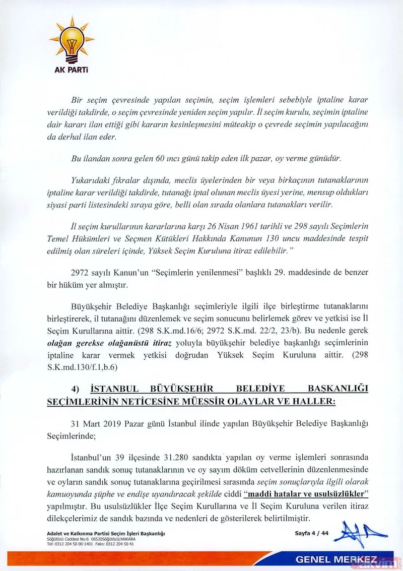 İÅte  AK Parti İstanbul seçimlenin iptali için YSK'ya verdiÄi 44 sayfalık olaÄanüstü itiraz dilekçesi