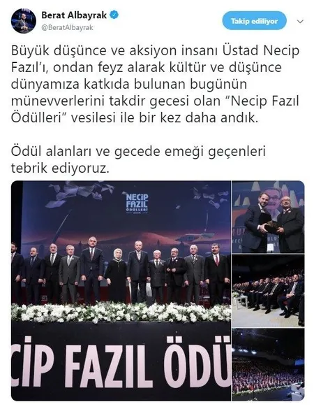 Bakan Albayrak'tan 'Necip Fazıl Ödülleri'ne özel paylaşım-1