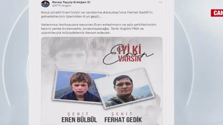 6 yıl geçti... Başkan Erdoğan'dan Eren Bülbül ve Ferhat Gedik mesajı: Kanını yerde bırakmadık