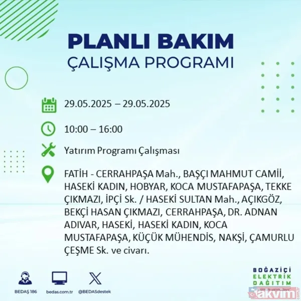 Bedaş 29 Mayıs İstanbul Elektrik Kesintisi