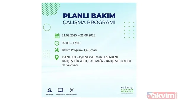 İstanbul'da 23 ilçede elektrik kesintisi! BEDAŞ İLÇE İLÇE listeledi: 21 Ağustos Perşembe günü 8 saat yok - 15