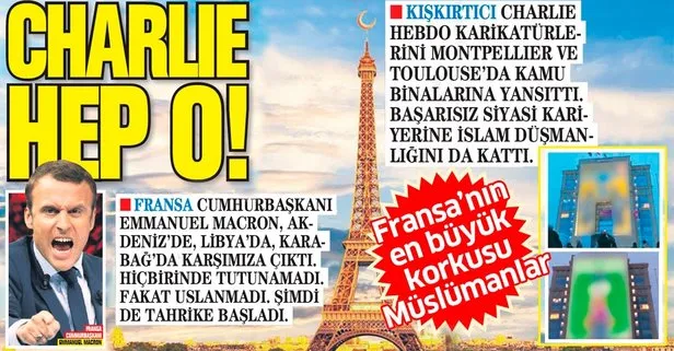 Çakma Napolyon Macron şimdi de tahrike başladı! Charlie Hebdo’nun karikatürleri Fransa’da devlet binalarına yansıtıldı