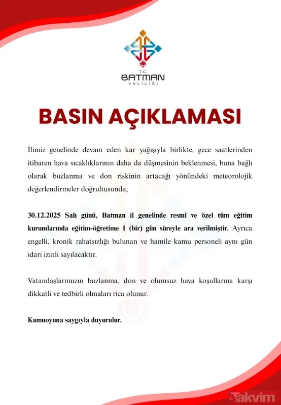 📍 Batman Hava Sıcaklıklarının Aniden Düşmesi Ve Don Riskinin Artması Sebebiyle Batman Valiliği, İl Genelindeki Tüm Eğitim Kurumlarında 30 Aralık Salı Günü Ders...
