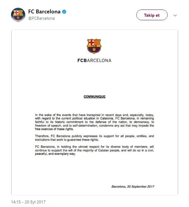 Barcelona'dan Katalan halkını destekliyoruz açıklaması-1