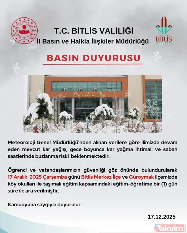 Bugün kar tatili var mı? 17 Aralık 2025 Bitlis'te okullar tatil mi edildi? Valilik açıkladı - 3