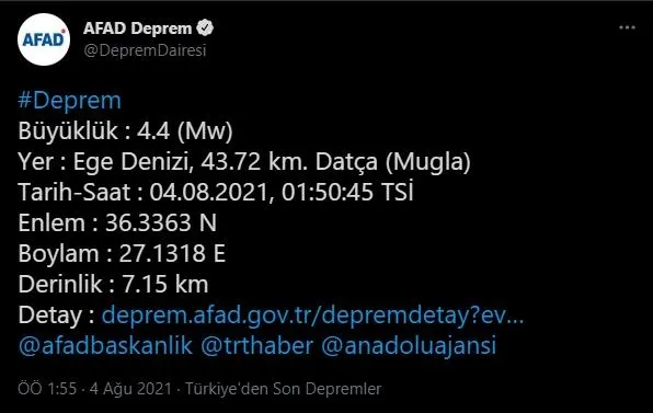 Ege Denizi'nde Muğla Datça açıklarında peş peşe 4.1, 4.6, 4.4 ve 4.0 büyüklüğünde deprem | AFAD, Kandilli son depremler listesi-7
