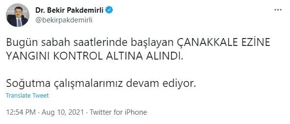 Tarım ve Orman Bakanı Bekir Pakdemirli: Çanakkale ezine yangını kontrol altına alındı-1
