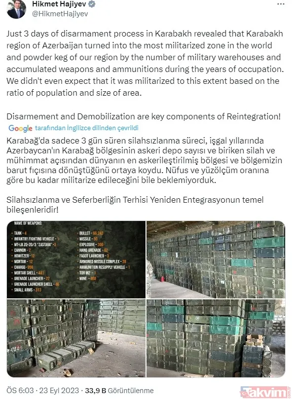 Azerbaycan Cumhurbaşkanı Müşaviri Hikmet Hacıyev, Karabağ'da ele geçirilen silahların listesini açıkladı - 4