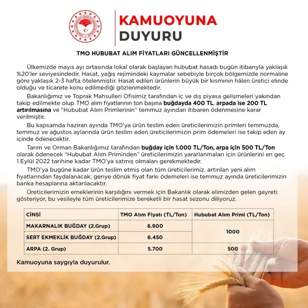 Son dakika: TMO Hububat alım fiyatları güncellendi-1