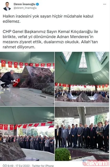 Adnan Menderes’in darbeciler tarafından idam edildiği kara gün: 17 Eylül! Kemal Kılıçdaroğlu ve Ekrem İmamoğlu’ndan ikiyüzlü ziyaret...