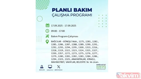 17 Eylül 2025 elektrik kesintisi bildirimi: İstanbul'da elektrik kesintisi olacak ilçeler hangileri? BEDAŞ mahalle mahalle listeledi - 18