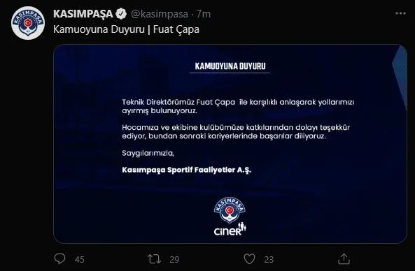 SON DAKİKA: Kasımpaşa'da Fuat Çapa dönemi sona erdi!-1