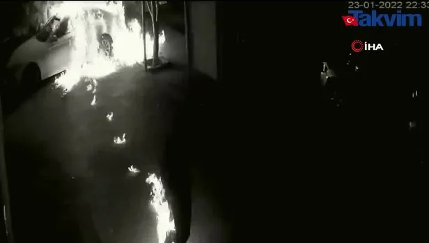 Araç kundaklayanlar önce kameraya ardından polise yakalandı