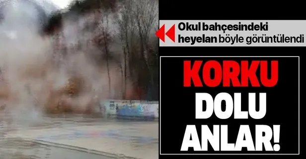 Okul bahçesindeki heyelan anı kamerada